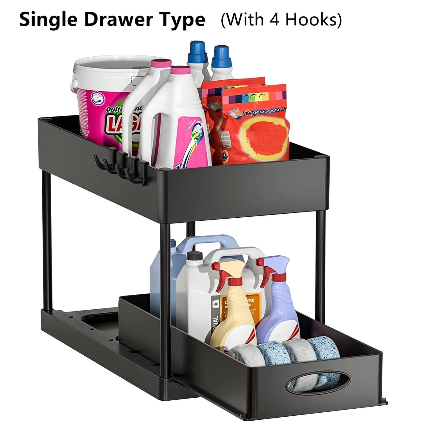 2 Tier under Sink Organizer Sliding Cabinet Basket Organizer Storage Rack with Hooks Hanging Cup Bathroom Kitchen Organizer - Bavaro Shop