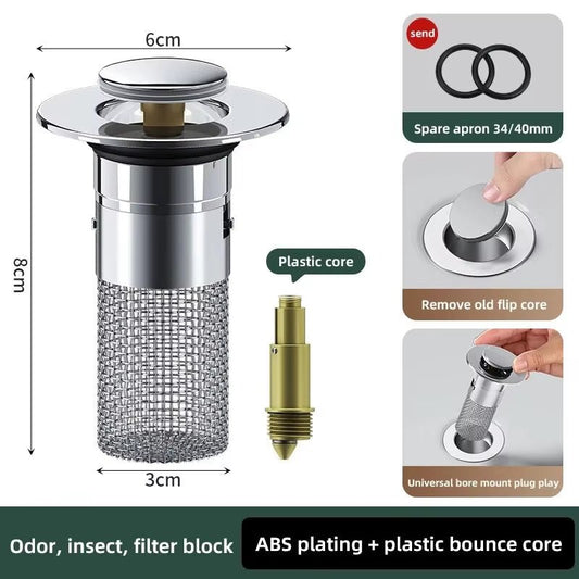 1PCS Washbasin Leak Plug, Stainless Steel Odor Proof Bouncing Core, Press Type Sink Drain, Universal Accessory for Washbasin - Bavaro Shop