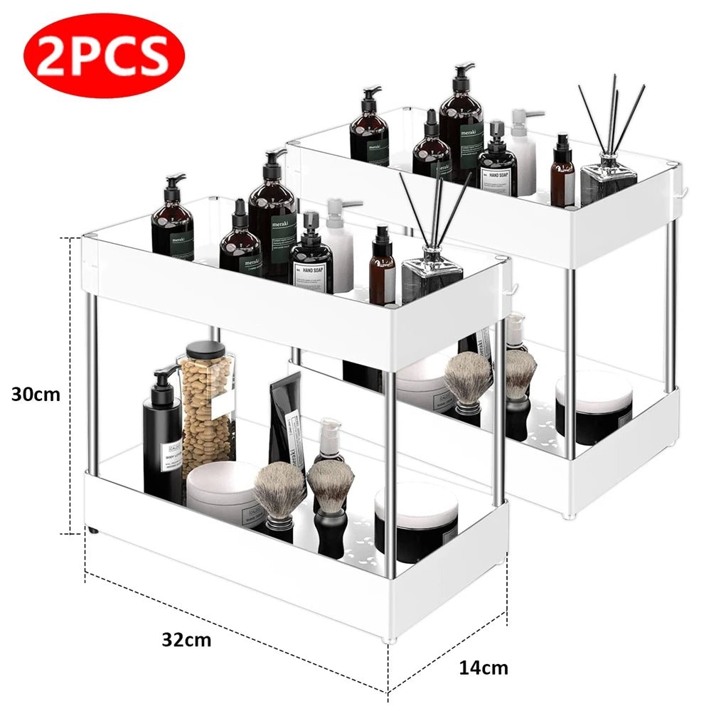 2 Tier under Sink Organizer Sliding Cabinet Basket Organizer Storage Rack with Hooks Hanging Cup Bathroom Kitchen Organizer - Bavaro Shop