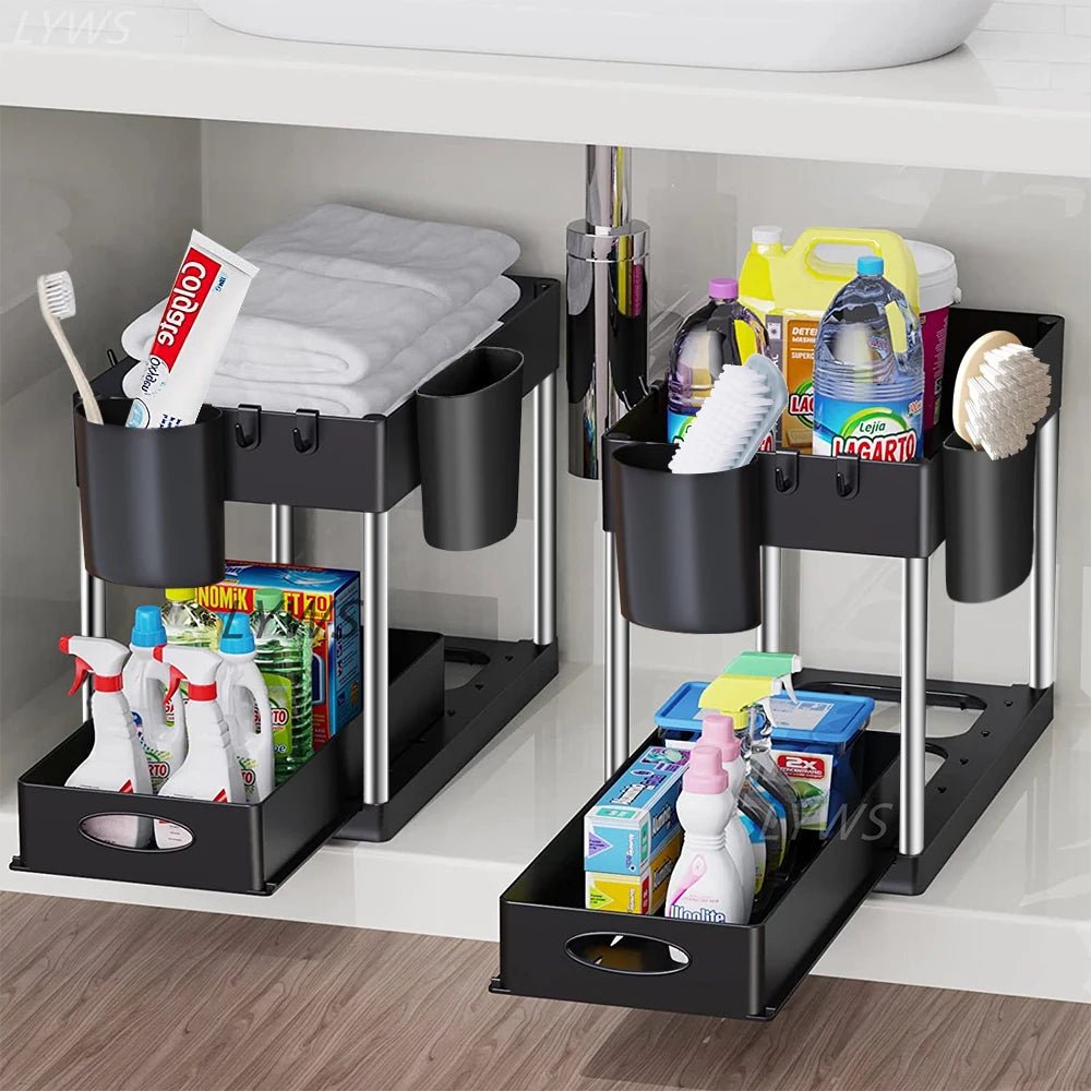 2 Tier under Sink Organizer Sliding Cabinet Basket Organizer Storage Rack with Hooks Hanging Cup Bathroom Kitchen Organizer - Bavaro Shop