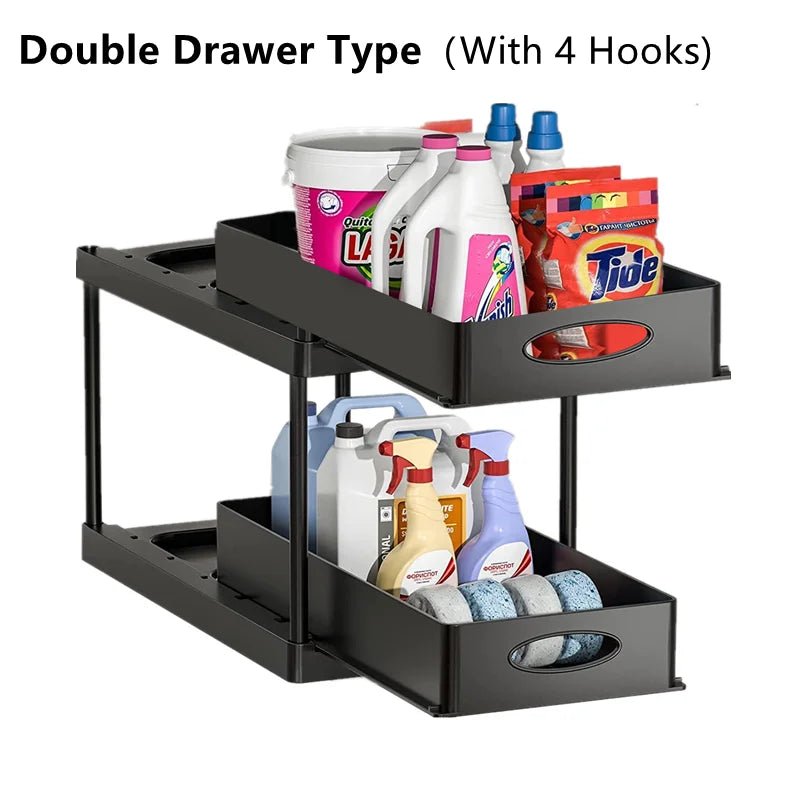 2 Tier under Sink Organizer Sliding Cabinet Basket Organizer Storage Rack with Hooks Hanging Cup Bathroom Kitchen Organizer - Bavaro Shop