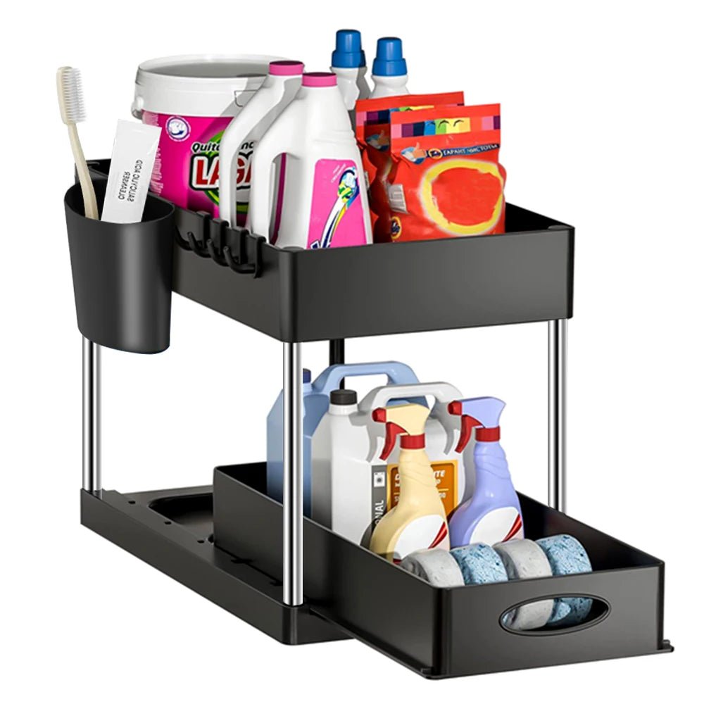 2 Tier under Sink Organizer Sliding Cabinet Basket Organizer Storage Rack with Hooks Hanging Cup Bathroom Kitchen Organizer - Bavaro Shop