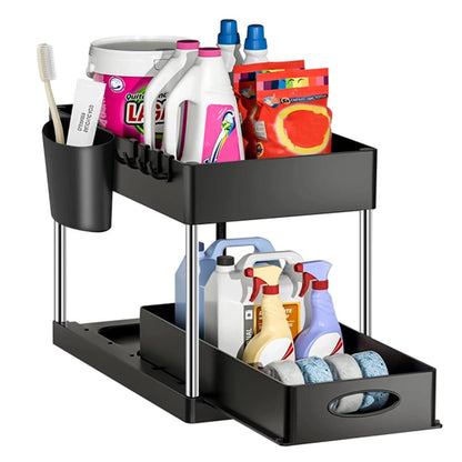 2 Tier under Sink Organizer Sliding Cabinet Basket Organizer Storage Rack with Hooks Hanging Cup Bathroom Kitchen Organizer - Bavaro Shop