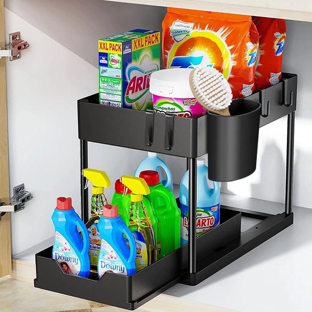 2 Tier under Sink Organizer Sliding Cabinet Basket Organizer Storage Rack with Hooks Hanging Cup Bathroom Kitchen Organizer - Bavaro Shop