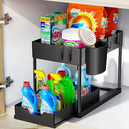 2 Tier under Sink Organizer Sliding Cabinet Basket Organizer Storage Rack with Hooks Hanging Cup Bathroom Kitchen Organizer - Bavaro Shop