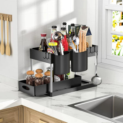 2 Tier under Sink Organizer Sliding Cabinet Basket Organizer Storage Rack with Hooks Hanging Cup Bathroom Kitchen Organizer - Bavaro Shop