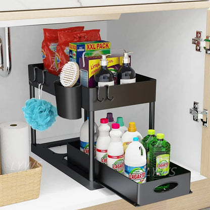 2 Tier under Sink Organizer Sliding Cabinet Basket Organizer Storage Rack with Hooks Hanging Cup Bathroom Kitchen Organizer - Bavaro Shop