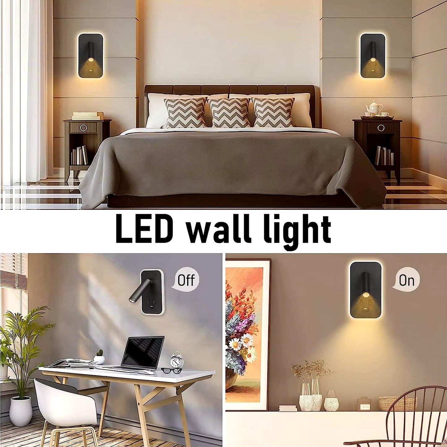 Bedside Wall Lamp, LED Wall Light, Wall Mounted Reading Light with Switch and USB Port, Rotatable Wall Sconce Wall Spotlight - Bavaro Shop