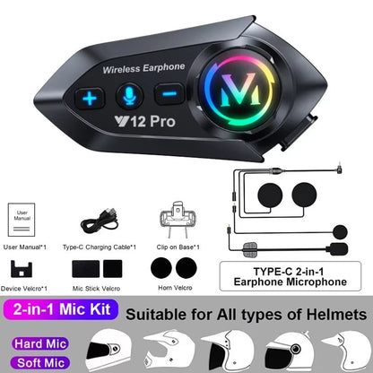 Bluetooth 5.3 Waterproof Motorcycle Helmet Intercom Headset with 300M Communication Range - Bavaro Shop