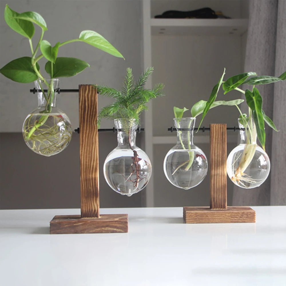 Creative Glass Desktop Planter Bulb Vase Wooden Stand Hydroponic Plant Container Home Tabletop Decor Vases - Bavaro Shop