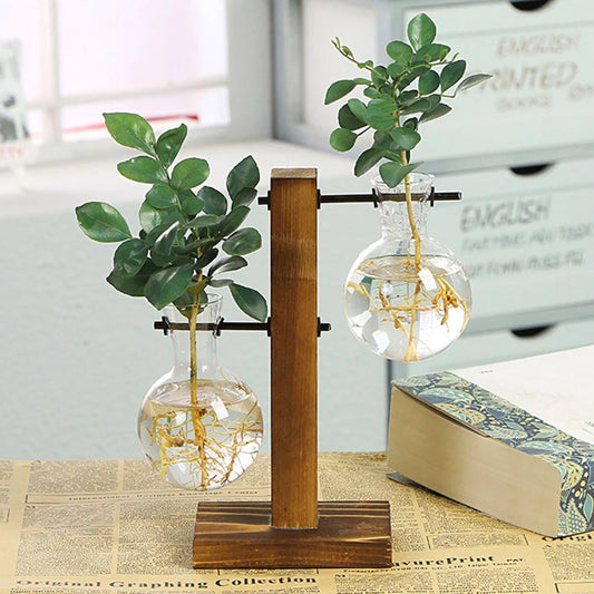 Creative Glass Desktop Planter Bulb Vase Wooden Stand Hydroponic Plant Container Home Tabletop Decor Vases - Bavaro Shop
