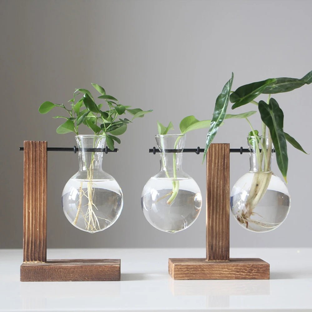 Creative Glass Desktop Planter Bulb Vase Wooden Stand Hydroponic Plant Container Home Tabletop Decor Vases - Bavaro Shop