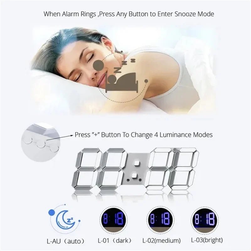 Digital Wall Clock 3D LED Date Time Celsius Nightlight Display Table Desktop Clocks Alarm Clock for Living Room Home Decoration - Bavaro Shop