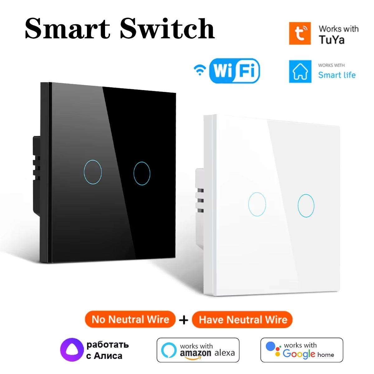 EU/US Smart Switch Alexa RF433 No Neutral Tuya Control Works with Google 1/2/3 Gang Smart Life Home Light Wifi Touch Switches - Bavaro Shop