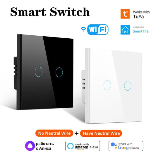EU/US Smart Switch Alexa RF433 No Neutral Tuya Control Works with Google 1/2/3 Gang Smart Life Home Light Wifi Touch Switches - Bavaro Shop