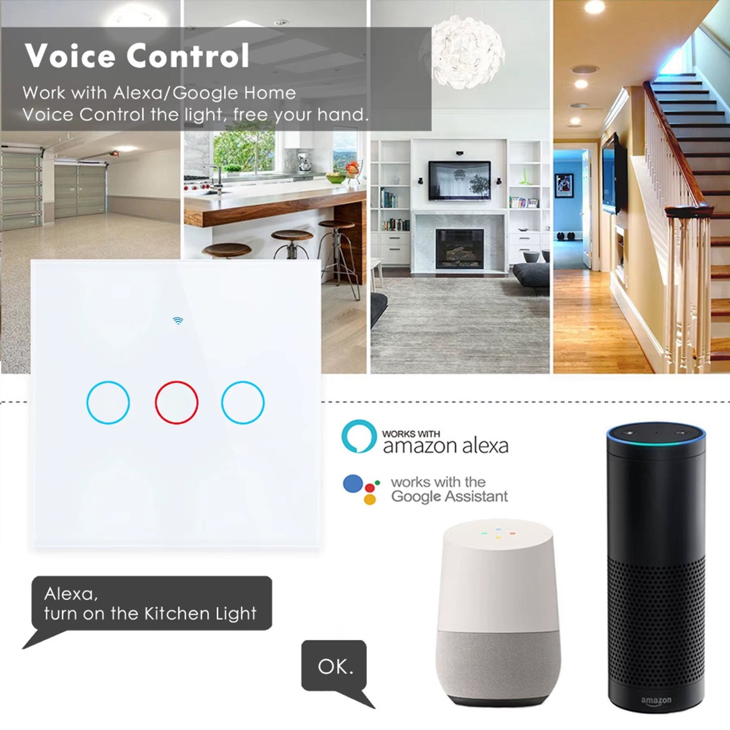 EU/US Smart Switch Alexa RF433 No Neutral Tuya Control Works with Google 1/2/3 Gang Smart Life Home Light Wifi Touch Switches - Bavaro Shop