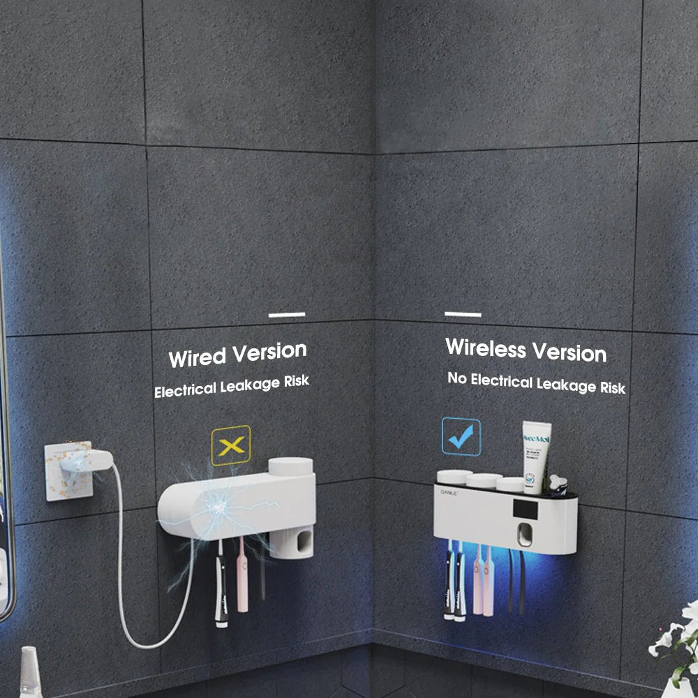 Smart UV Toothbrush Sanitizer Holder, Rechargeable Wireless Design, Wall Mounted with Hand Free Toothpaste Dispenser - Bavaro Shop