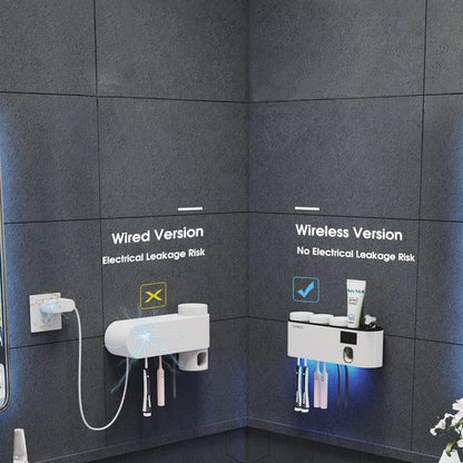 Smart UV Toothbrush Sanitizer Holder, Rechargeable Wireless Design, Wall Mounted with Hand Free Toothpaste Dispenser - Bavaro Shop